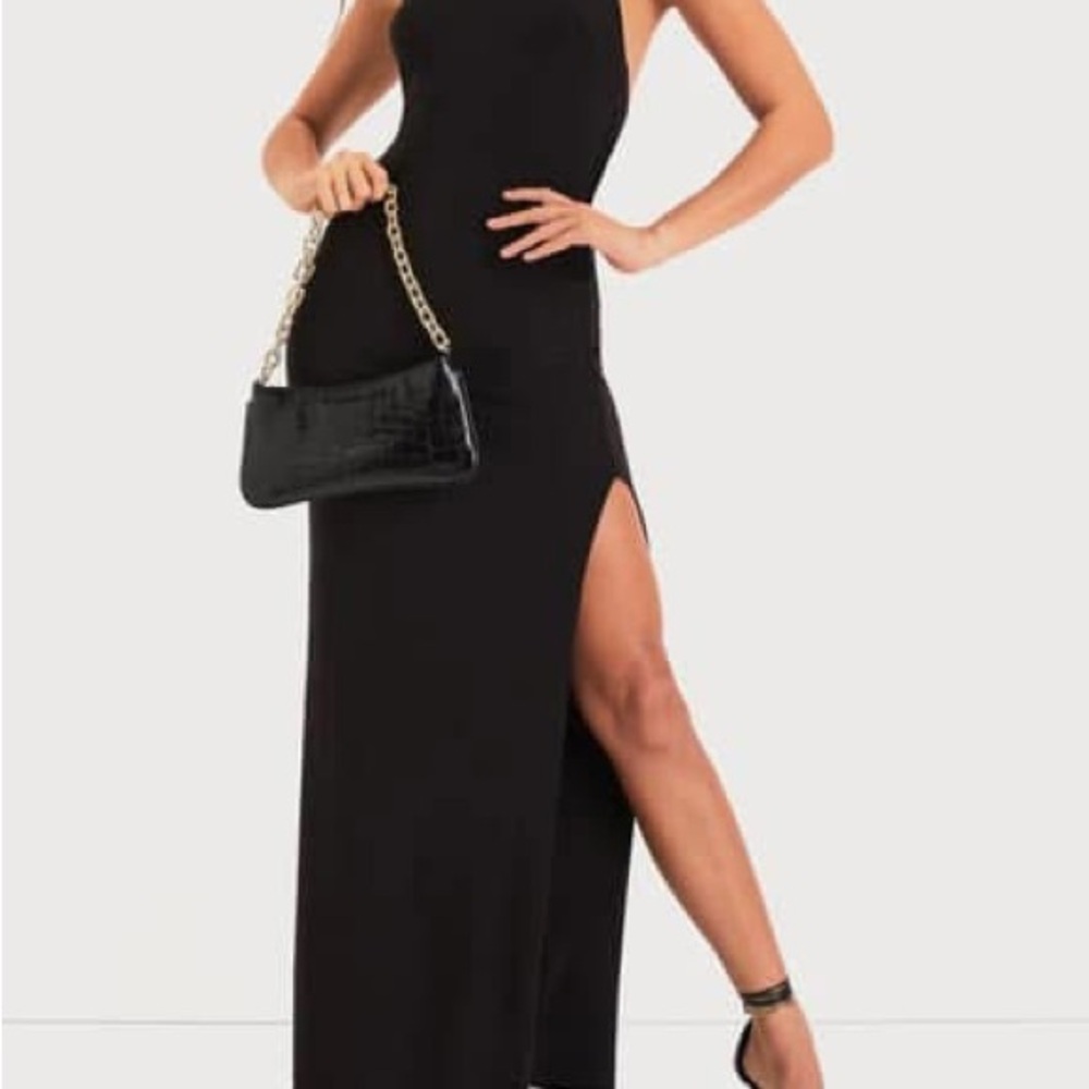 Lulu's Black Maxi Gown with Slit and Halter Neckline for Cocktail